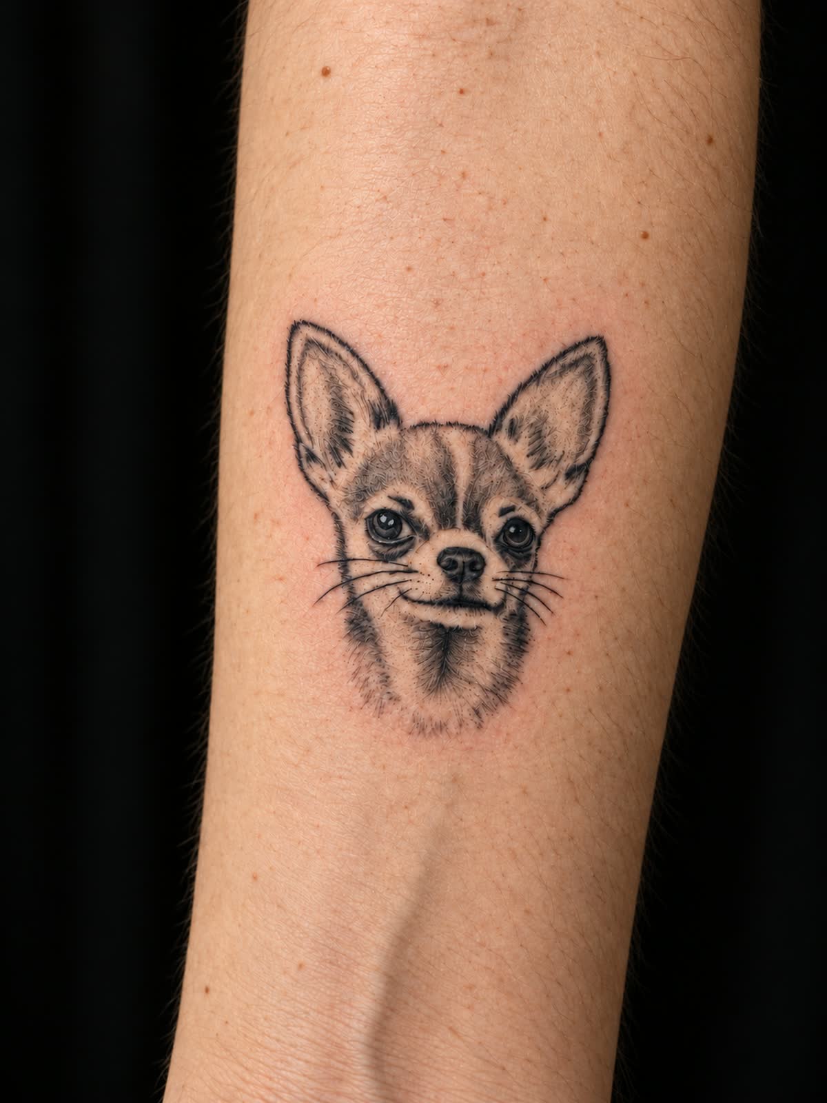 Fine line chihuahua portrait on a forearm